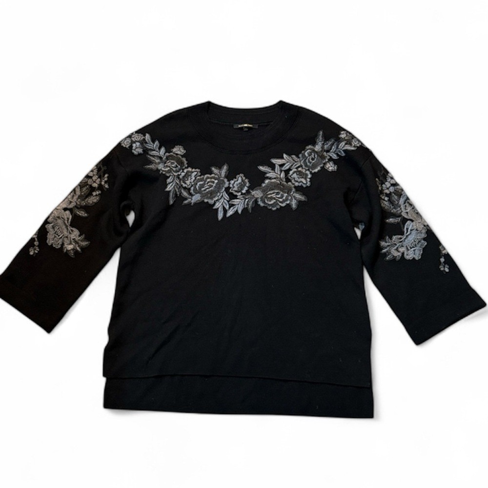 Kobi Halperin Wool Blend Sweater embroidered floral accents Black‎ Size Large